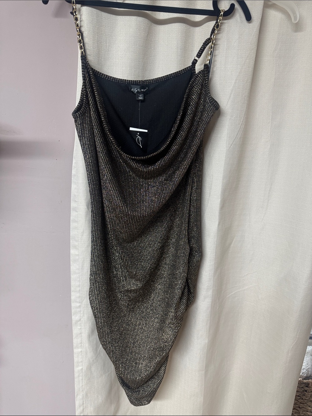 Shimmery Black Metallic Cowl-Front Camisole with Chain Straps